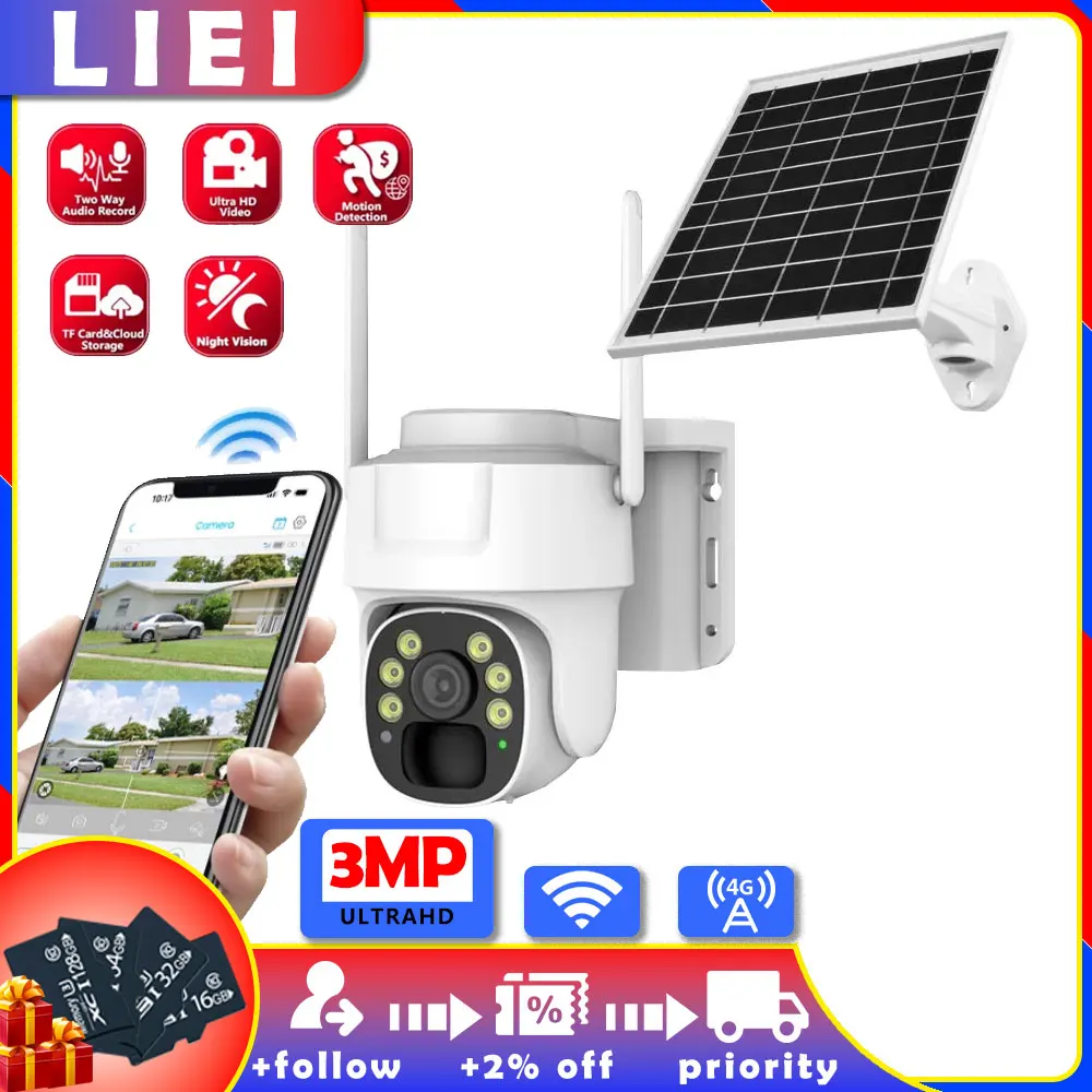 

LIEI 3MP Solar WIFI/4G Camera Surveillance Camera 8000MAH Dual Lens Camera Recording Battery Outdoor Support 128G TF Card