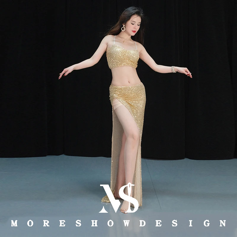 Buikdanskostuums Set voor Vrouwen Lotusblad Lint Danskleding Top + Rok Lange Mouw Outfits Stage Performance Kleding Pak