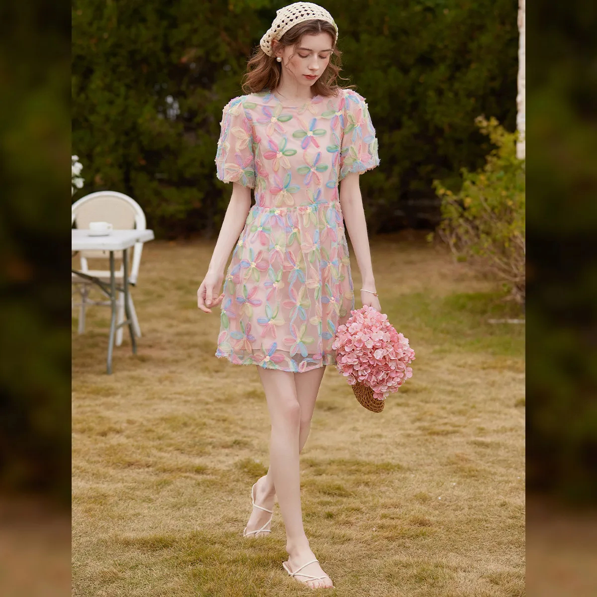 Women's Floral Summer Dress - Puff Sleeves and Bow Tie