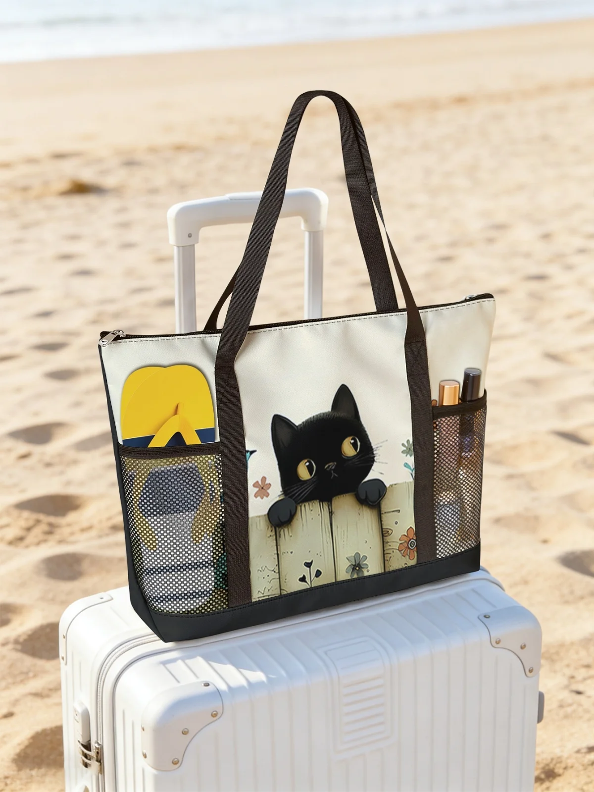 

Сумка с принтом кошки, женская пляжная сумка большой вместимости, водонепроницаемая дорожная сумка через плечо с сетчатыми карманами