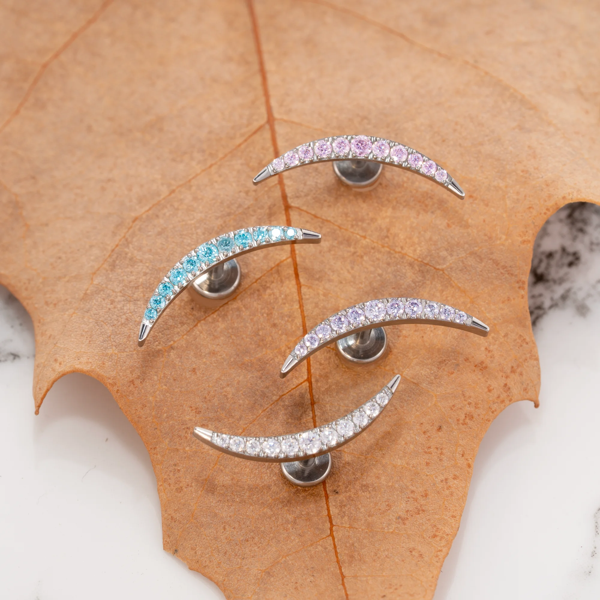 ASTM F136 G23 Titanium piercing Moon Ear Stud Internal Thread CZ Labret Piercing Cartilage Body Jewelry For Girls