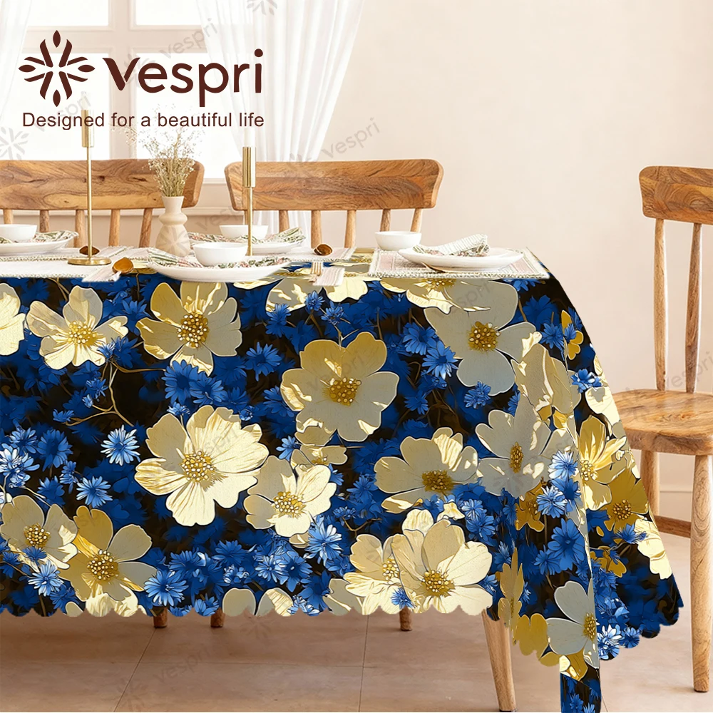 Vespri Frühlings-Blumen Oster-Tischdecke Blau Schwarz Gelbe Blumen Dunkelblauer Hintergrund Rund Rechteckig Oval Polyester für Feiern