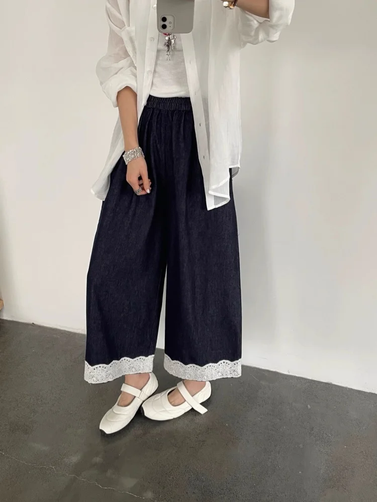 Loose Fit Straight Leg Jeans Women's Spring Thin Wide Leg Pants High Waist Nine Pockets Button Closure Wear Resistant Denim