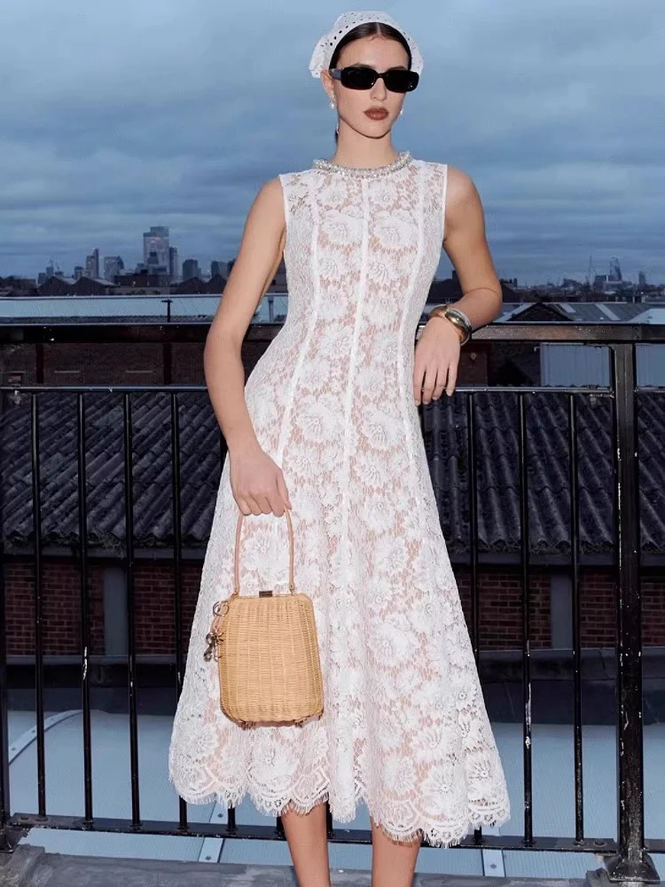 

Lace Hook Flower Hollow Tank Dresses Spring Women Sleeveless Splicing Round Neck Dress Summer High Waist Slim Knee Length Dress