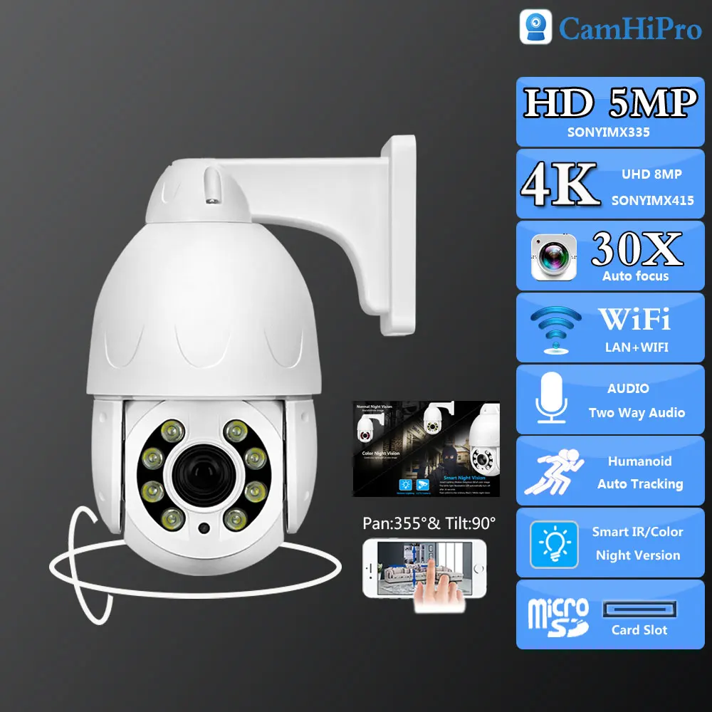 

Camhi DB10C 4K 8MP SO-NY415 Surveillance Vedio POE PTZ Dome 30X Zoom Auto Human Tracking Two Way Audio IR&Color Night Vision