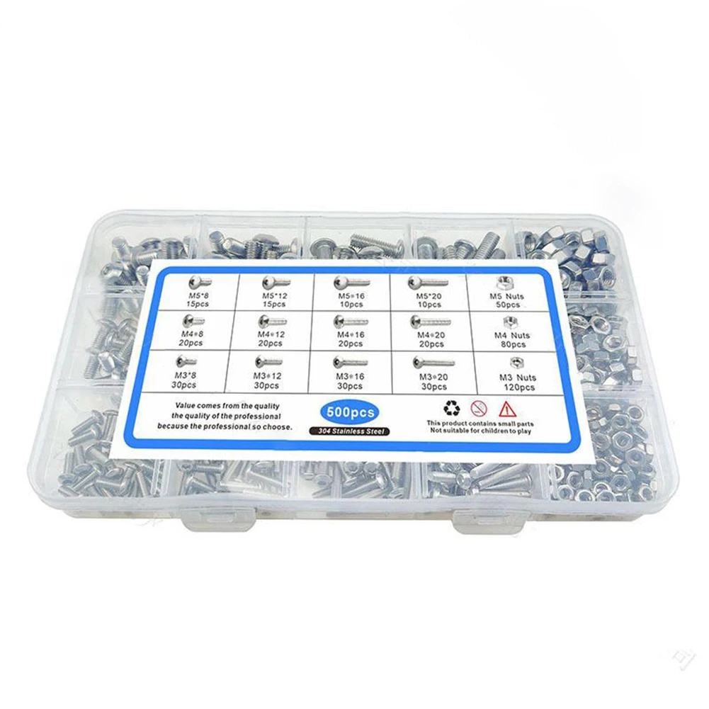 500 Pieces Stainless Steel Hex Socket Head Bolt Set M3/M4/M5 with Nuts and Washers for Industrial and Household Repair Use