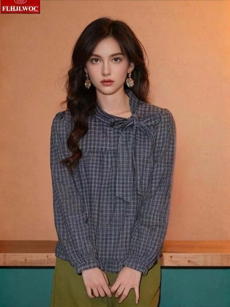 Короткие хлопковые топы, блузки, милые японские девушки, весна 2026, повседневные рубашки в клетку с длинными рукавами в стиле ретро, винтажный топ с галстуком-бабочкой