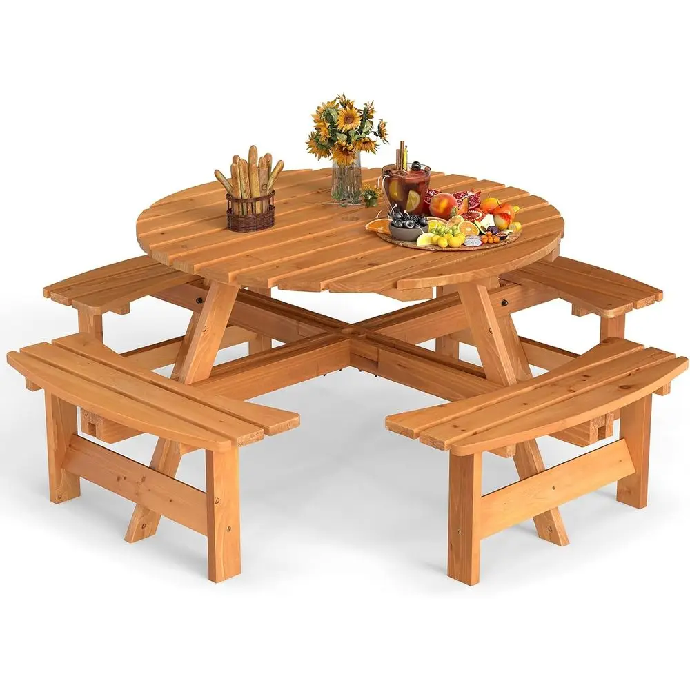 

Круглый походный стол с отверстием для зонта, круглый уличный стол с 4 встроенными изогнутыми скамейками, для патио, сада, заднего двора, крыльца (жел.