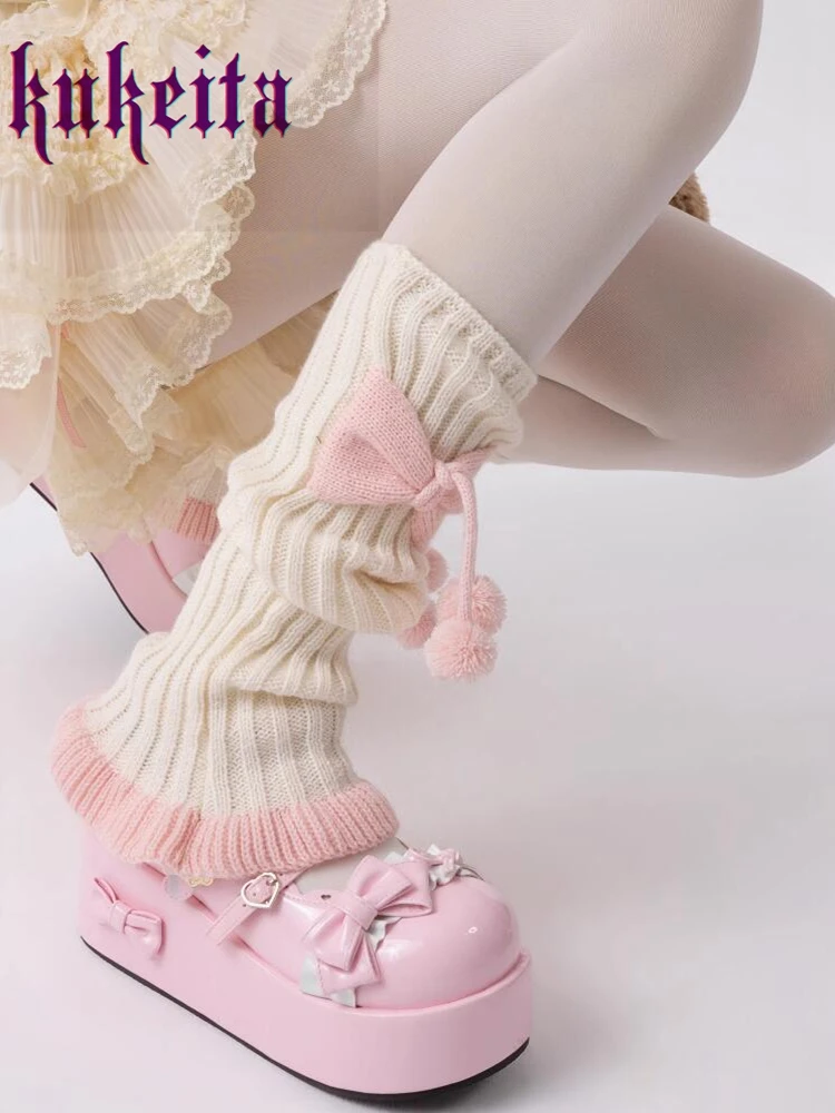 Kukeita Harajuku Y2k Women Knitted Leg Warmer Socks Japanese Lolita Sweet Pink Bow Ruffles Leg Cover Kawaii JK Warm Boots Socks