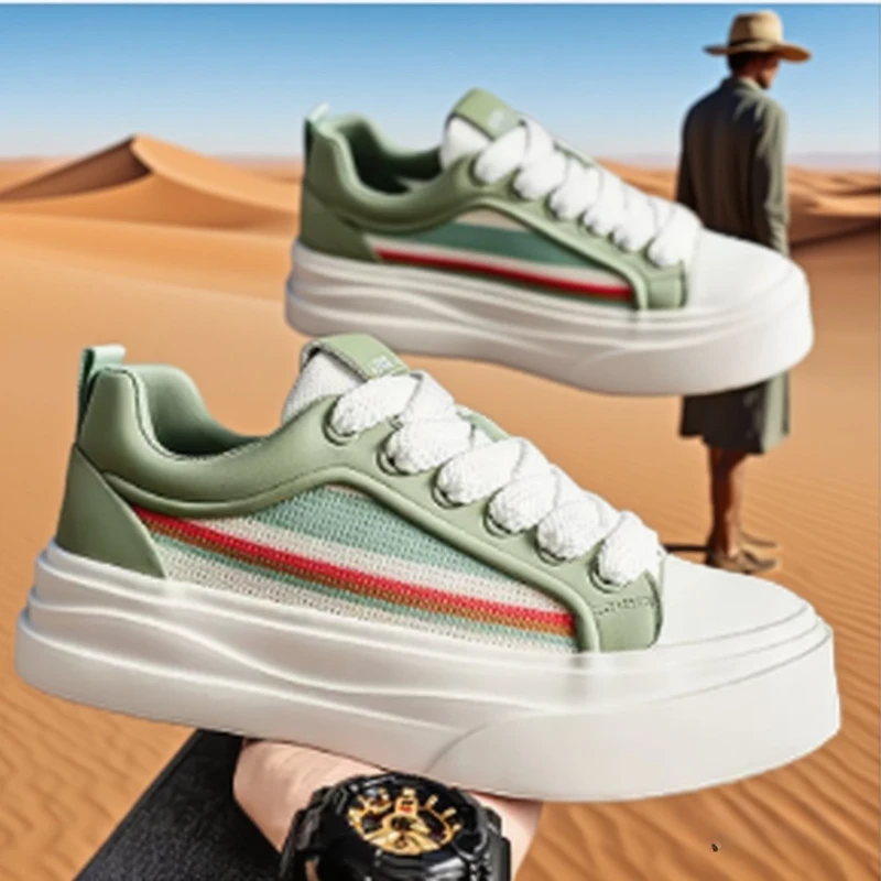 

Men's Chunky Green Sneakers Lace-Up Canvas Shoes Breathable Low-Top Casual Walking Trainers Thick Sole Comfortable Tenis