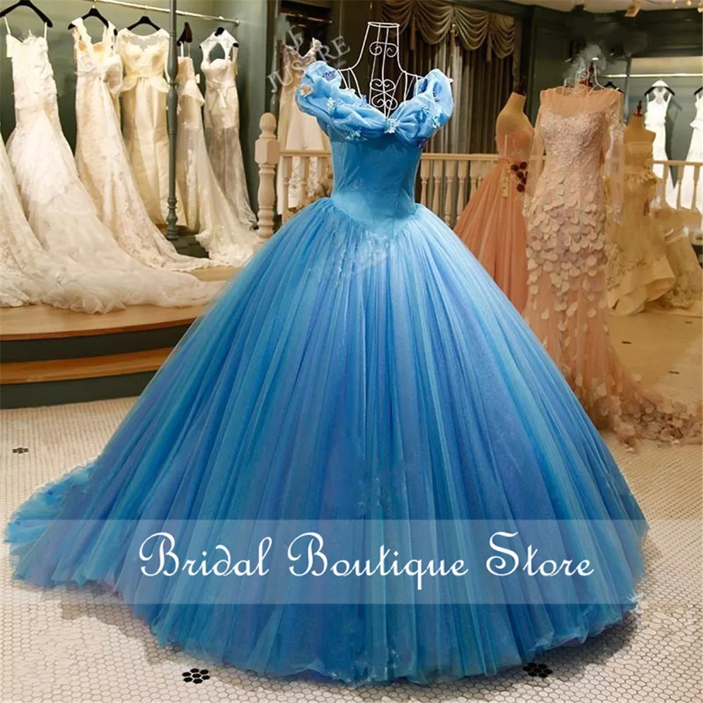 Sky Blue Cinderella Vintage Ball Gown Quinceanera Dresses 2022 Off Shoulder Lace-Up Tulle Vestidos De 15 Años Birthday Party