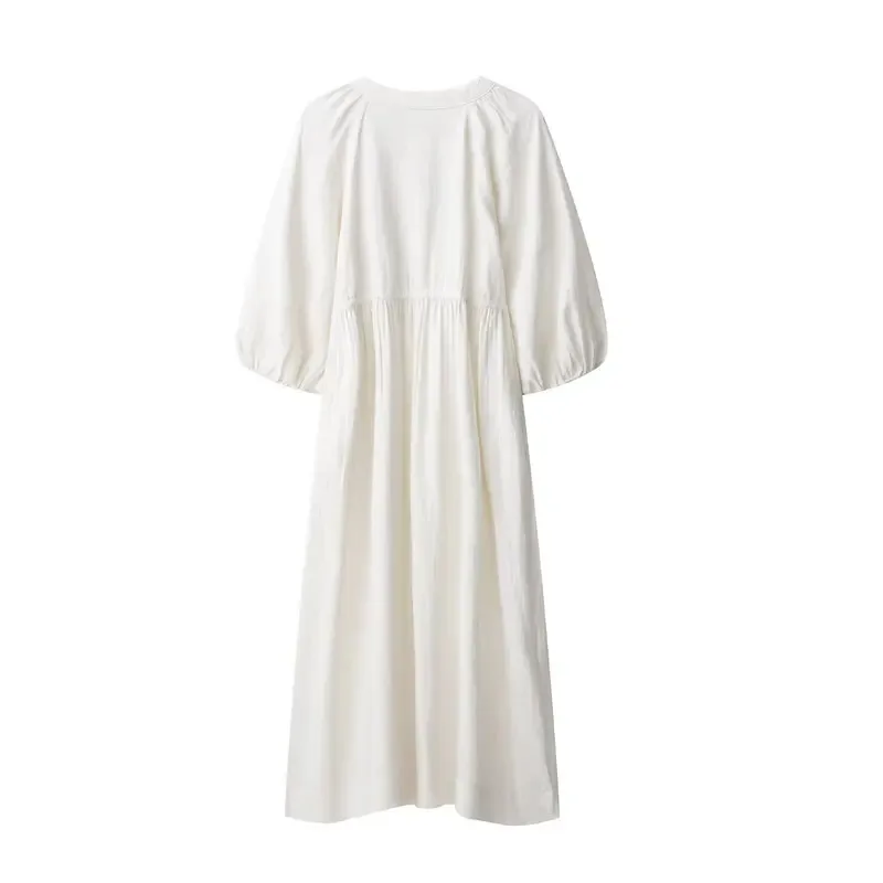 فستان قميص كيمونو من القطن والكتان فضفاض للسيدات مع زخرفة برباط وأكمام طويلة على طراز رداء كاجوال عصري