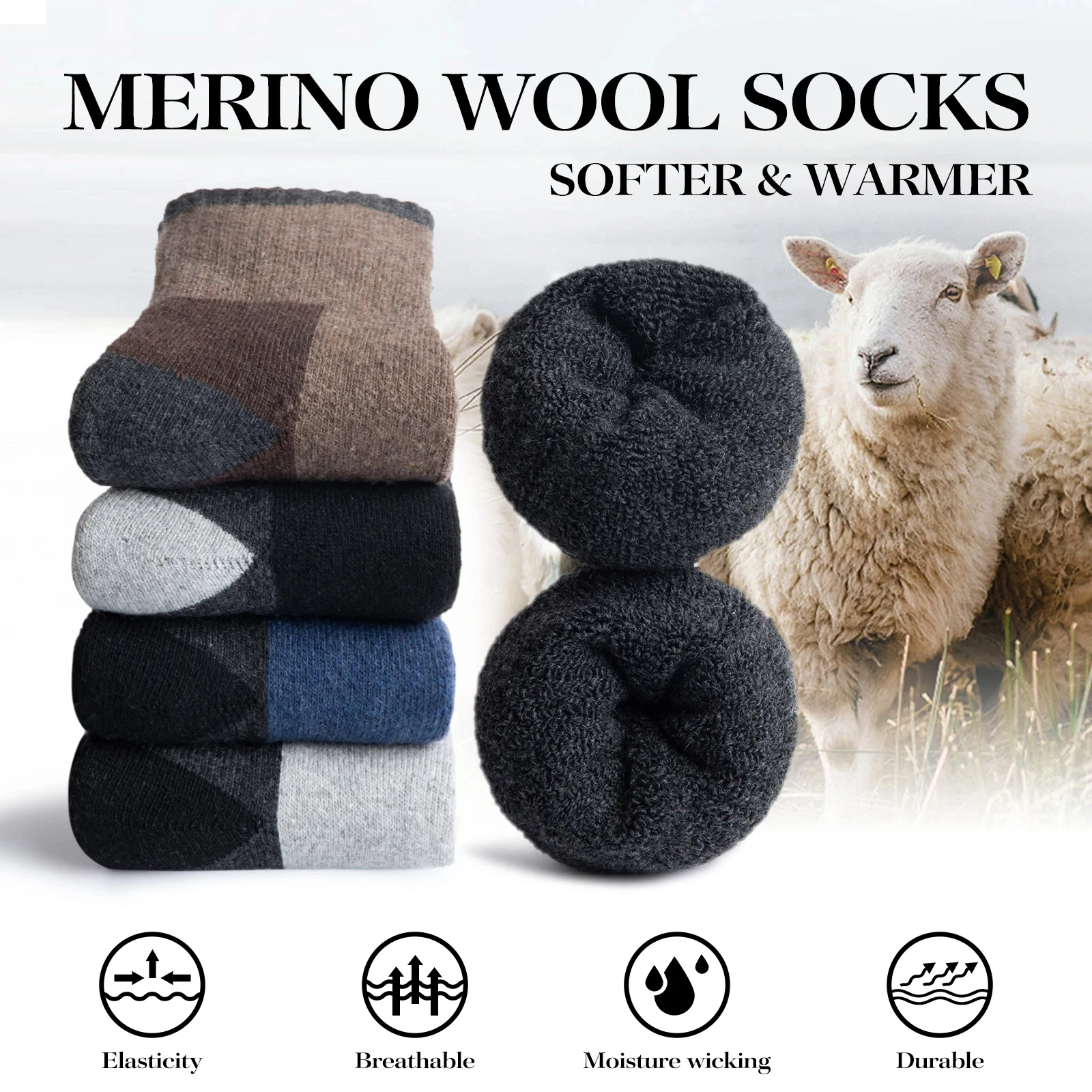 5 Pairs Merino Wool Socks Men's Wool Hiking Socks Soft Warm Winter Casual Crew Moisture-Wicking Socks for Indoors Outdoors