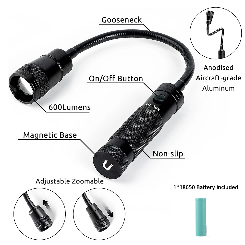 LED Work Light Ultra Bright Flexible Gooseneck Flashlight with Magnetic Base Adjustable Zoomable Grill Light For Emergency BBQ