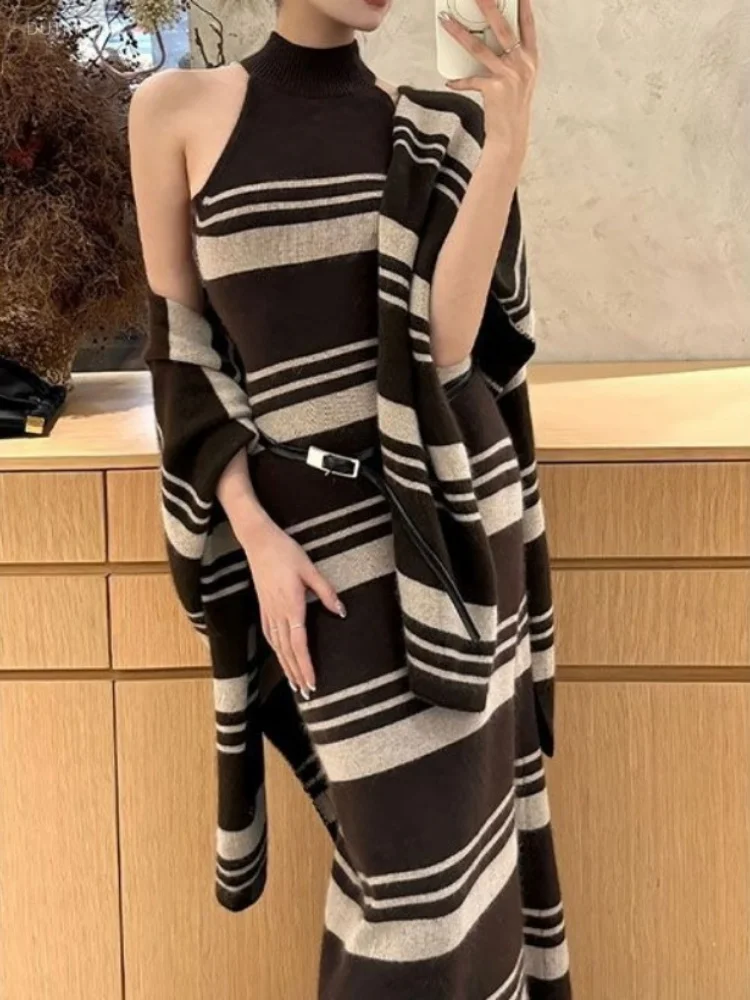 Knitted Two Piece Sets Y2k Aesthetic Contrast Color Stripe Sleeveless Dress + Vintage Irregular Cardigan Harajuku Autumn Outfit