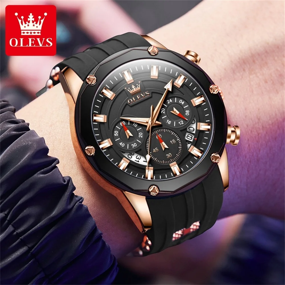 OLEVS-Montre de sport à quartz pour homme, bracelet en silicone, étanche, chronographe, multifonction, mode masculine