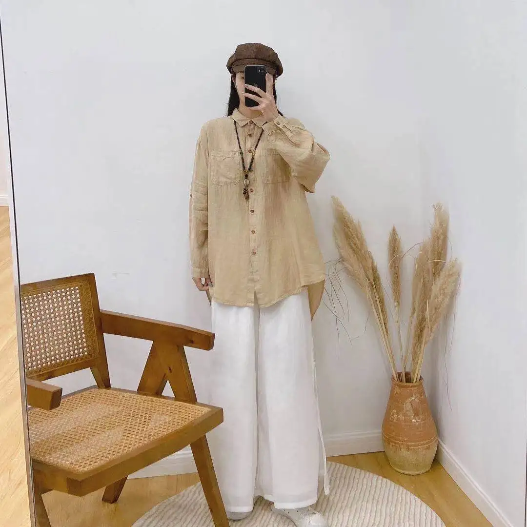 Johnature Sping New Vintage Women Shirts 2024 All Match Solid Color Linen Turn-down Collar Button Female Blouses