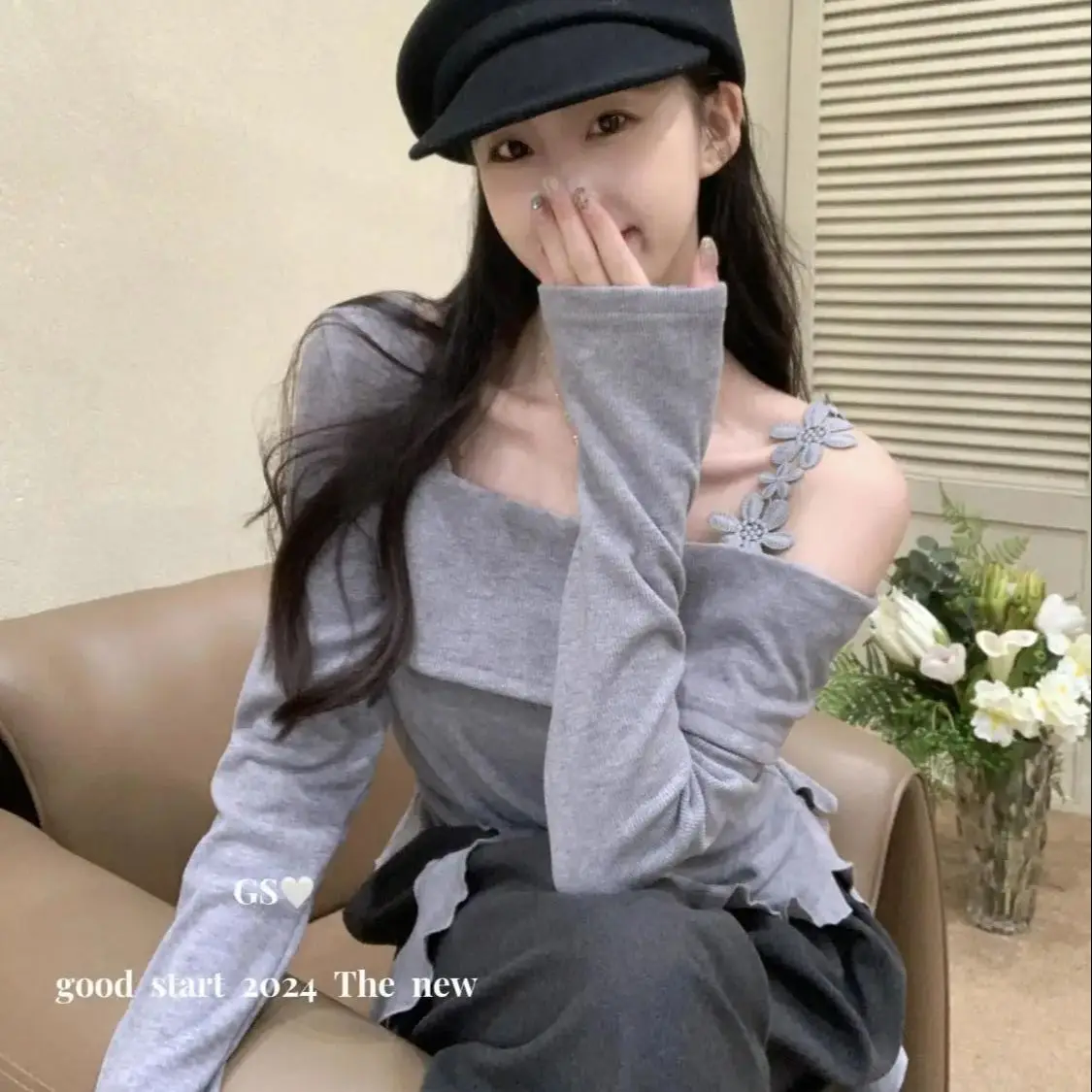 

Irregular Off-Shoulder Long-Sleeved Bottoming Shirt Women Autumn Winter Korean Style Chic Slim Waist Slimming Gray Inner Top