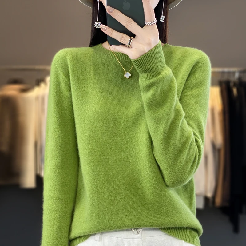 Autumn and Winter New Merino 100% Wool Solid Color Warm Female O-Neck Knitted Long Sleeve Solid Color Pullover