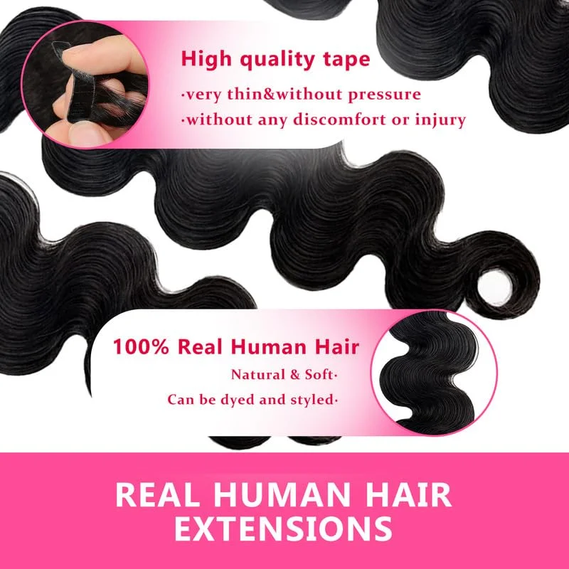 Long Body Wave Tape in Human Hair Extension Brazilian Remy Skin Weft Tape Hair Natural Black Adhesive Tape on Hair 100g 40Pcs