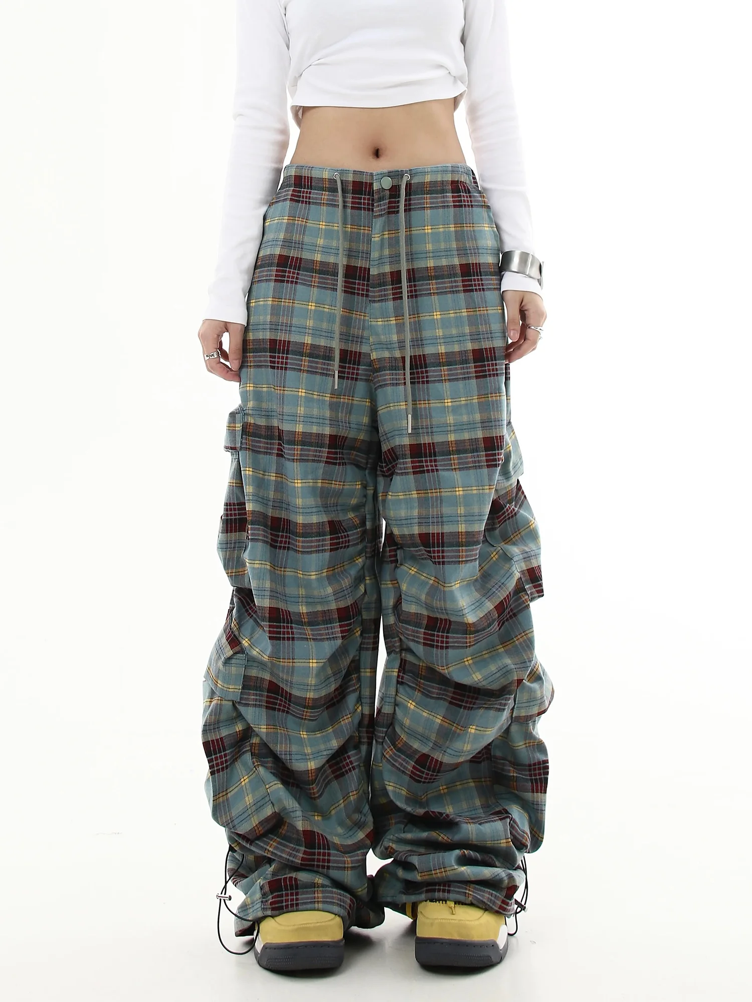 2024 Dames y 2k Streetwear Mode Trending Baggy Cargo Plaid gestapelde broek Koreaanse stijl nieuwe herfst kleding Harajuku mode