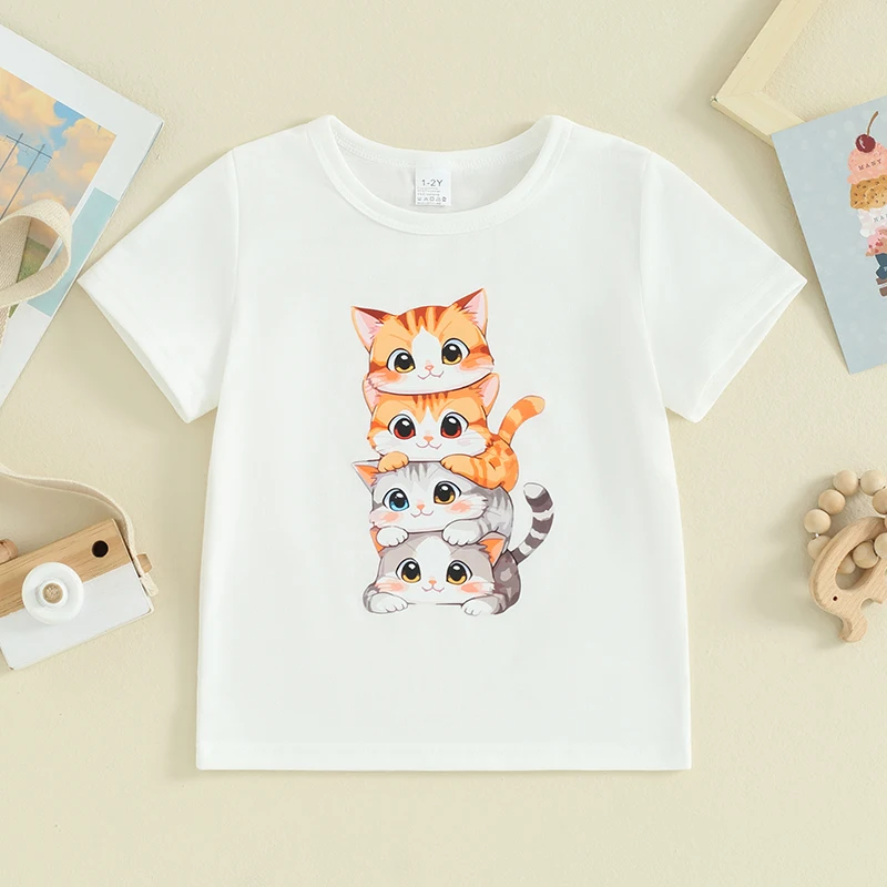 

Kid Summer T-Shirt Cartoon Cat Print Short Sleeve Round Neck Graphic Tops for Little Girls and Boys