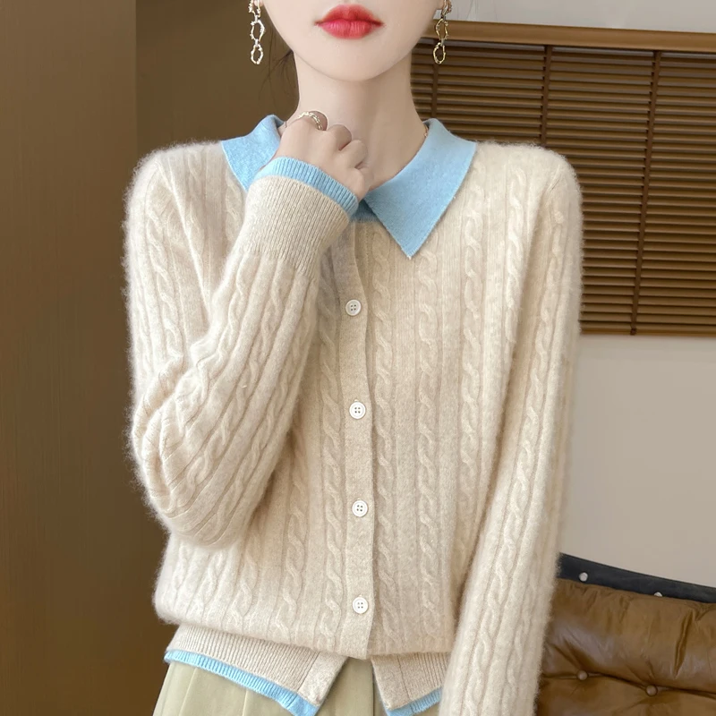 Autumn and winter new women\'s sweater 100% Merino wool lapel floral cardigan matching color fake two high-grade wind knit shirts