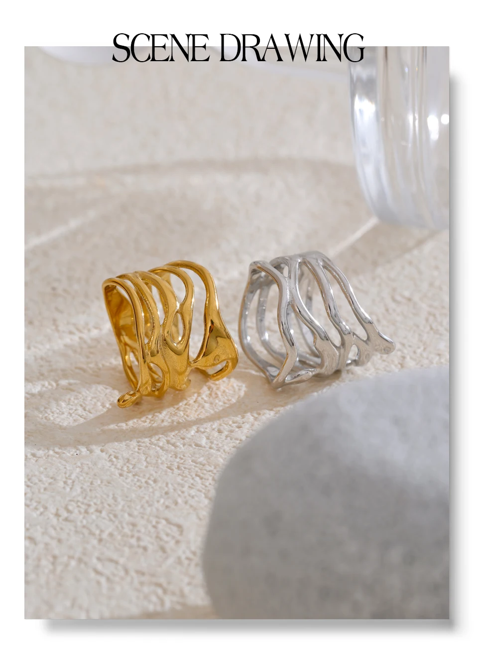 Yhpup # Trendiger 316L Edelstahl geschichteter hohler geometrischer breiter Ring Gold Silber Farbe 18K PVD plattiert Modeschmuck Geschenk – Detail 9