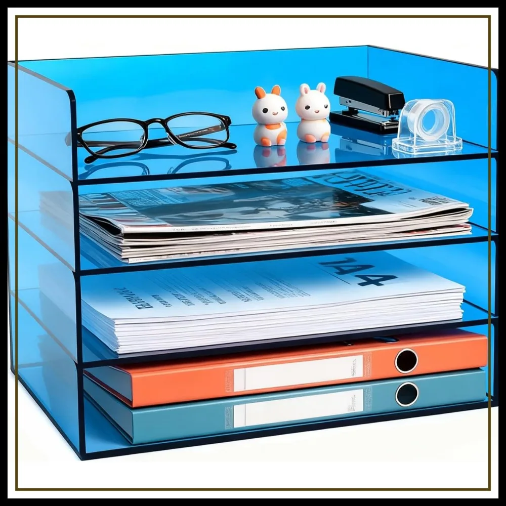 

Acrylic File Organizer for Desk 4 Tier Stackable Letter Tray Office Paper Storage Document Sorter, Blue