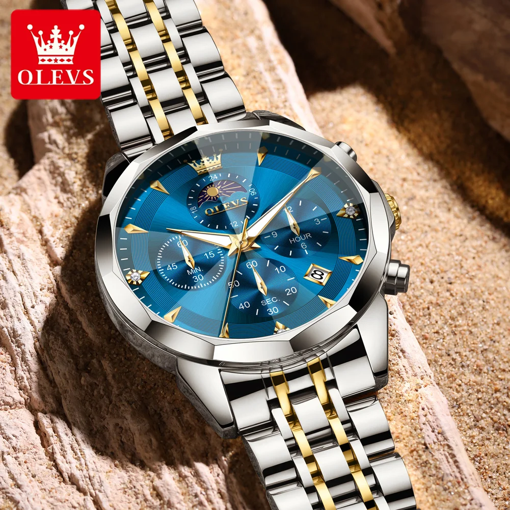 OLEVS 3673 Mens Watch Business Brand Quartz Watches Multifunctional Chronograph Waterproof Moon Phase Watch Mens Gifts Original