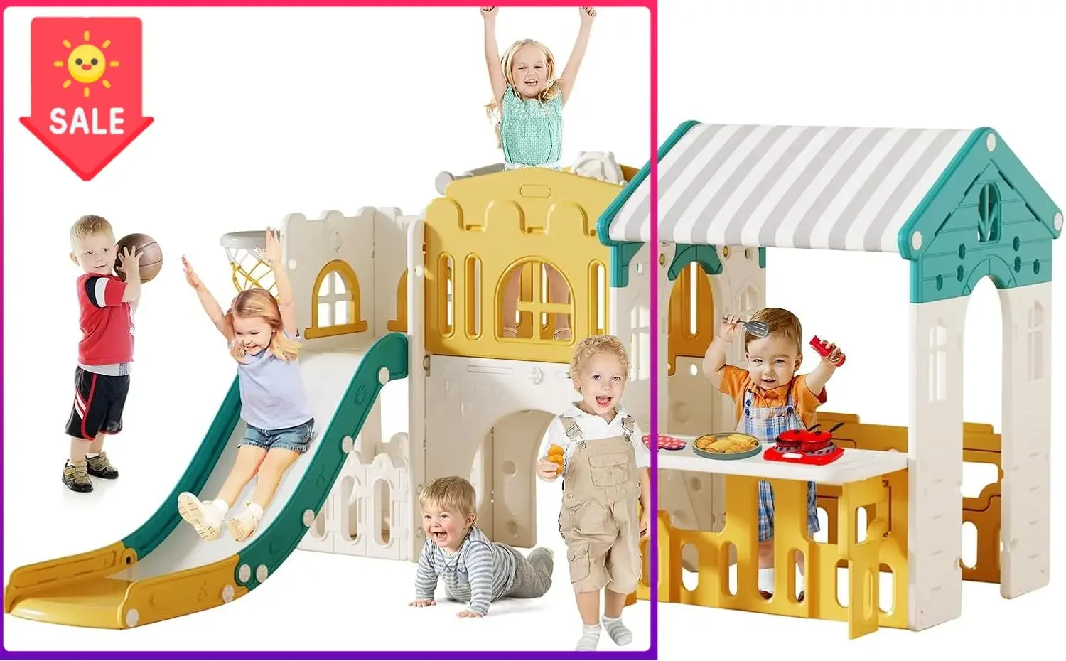 USA StockPlayground Playsets Outdoor Playhouse 10 in 1 Toddler Slide with Rock Climber with Basketball, Hoop, Storage, playroom