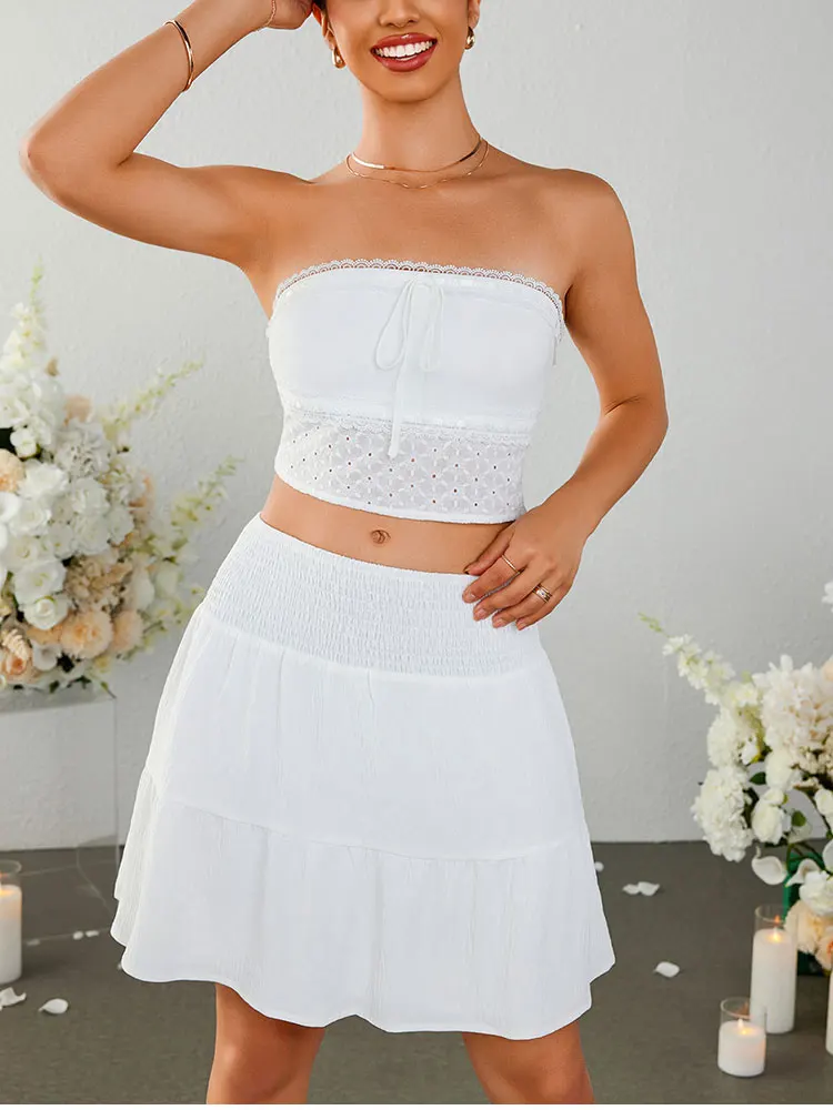 NewAsia Strapless Backless Tie Up Crop Tank Top A-line Ruched Short Skirt Fashion Casual Party Two-piece Set White Summer Women
