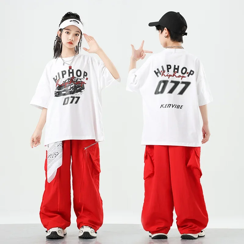 

Детские джазовые танцы, костюмы для уличных танцев, показы на подиуме, танцевальные костюмы, красные комплекты с короткими рукавами и длинными брюками