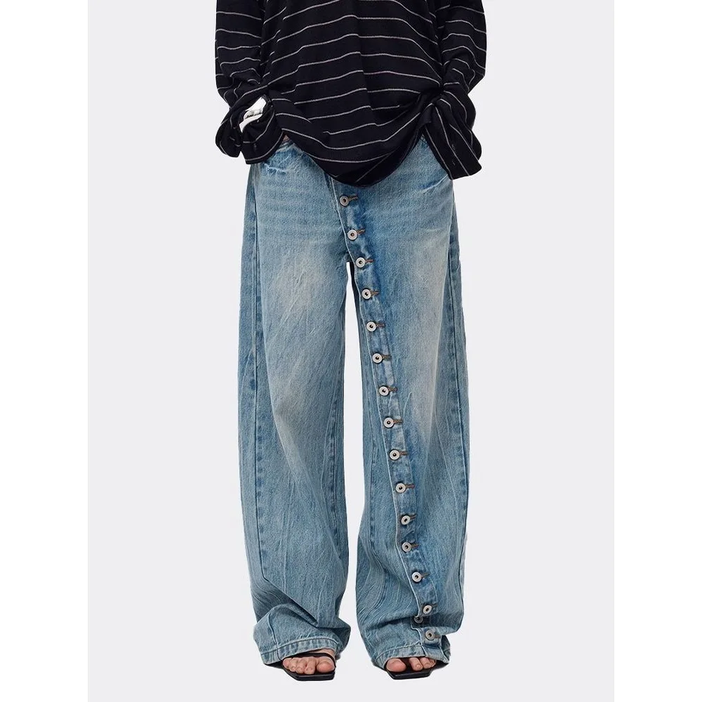 Women's Plus Size American Vintage Washed Design Slant Placket Button Casual Long Jeans