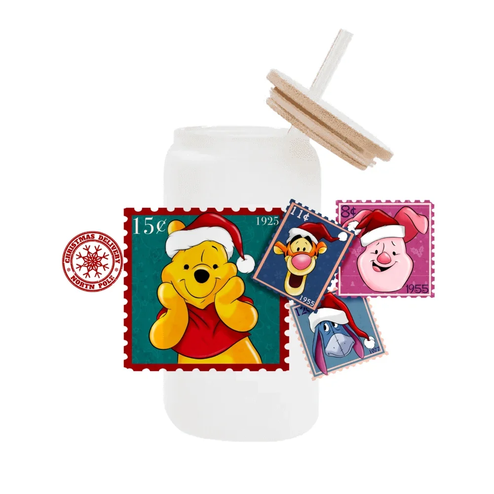 Disney Christmas winnie the pooh For Libbey 16oz Can Glass 3D Waterproof UV DTF Coffee Can Wrap Libbey Glass Wrap