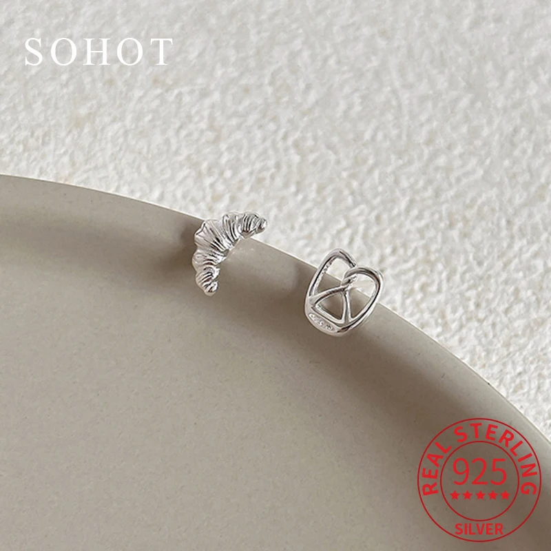 

Real 925 Sterling Silver Asymmetric Croissant Mini Stud Earrings for Women Minimalist Trendy Fine Jewelry Food Accessories