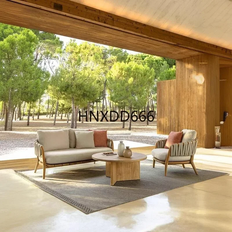 Outdoor Teak Sofa Set Rattan Coffee Table Combination for Courtyard Garden Furniture