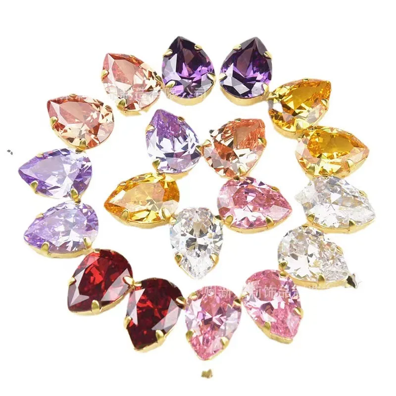 8 Pcs 10*14Mm Grade 5A Zircon Rhinestones Teardrop Shape Gemstone With Claw Sew On Stone Diy Jewelry Accessories Clothing Decor