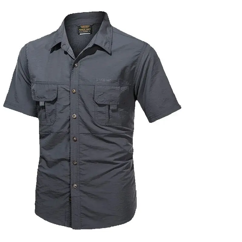 Men's Short-Sleeved Shirts Summer Solid Color Turn-Down Collar Casual Beach Style Plus Size Tops Tactical Shirt