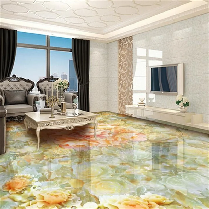 Luxury Decoration Floor Stickers Waterproof Jade Peony Parquet Vinyl Flooring Waterproof Bathroom 3D Floor Tiles For Livingroom