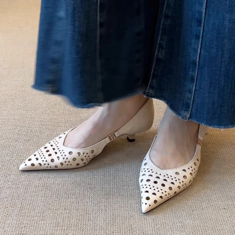 

Fashion Hollow Breathable Pointed Toe Women's Sandals Shoes for Women 2025 New Stiletto Elegant Baotou Solid Dress Sandals Women