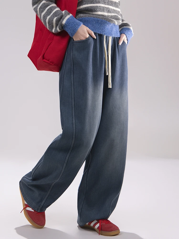 Artisanal Series Women's High Waist Wide Leg Jeans Asymmetrical Knife   Fleece Lined Winter Loose Long Pants