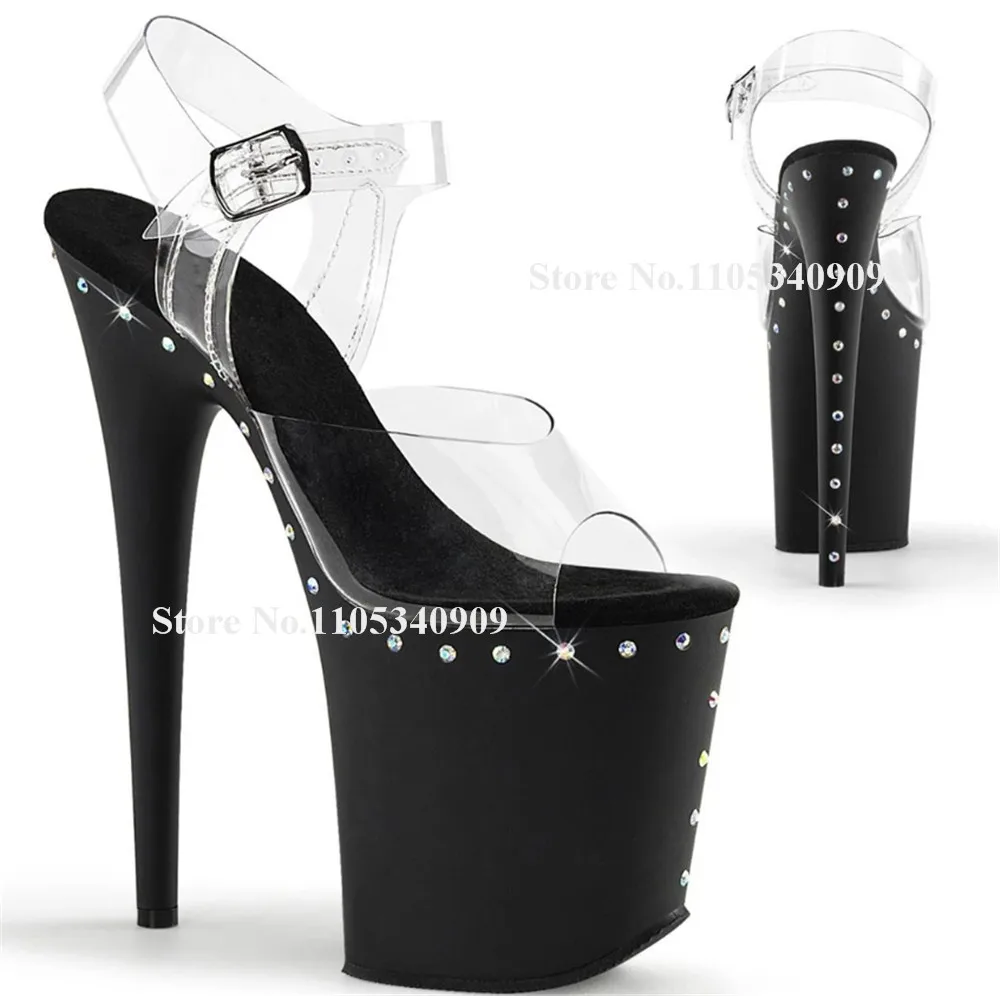 Bondarenko Clear PVC Patchwork Stiletto Heel Sandals Peep Toe Rhinestones High Platform 20cm Thin Heel Dance Shoes
