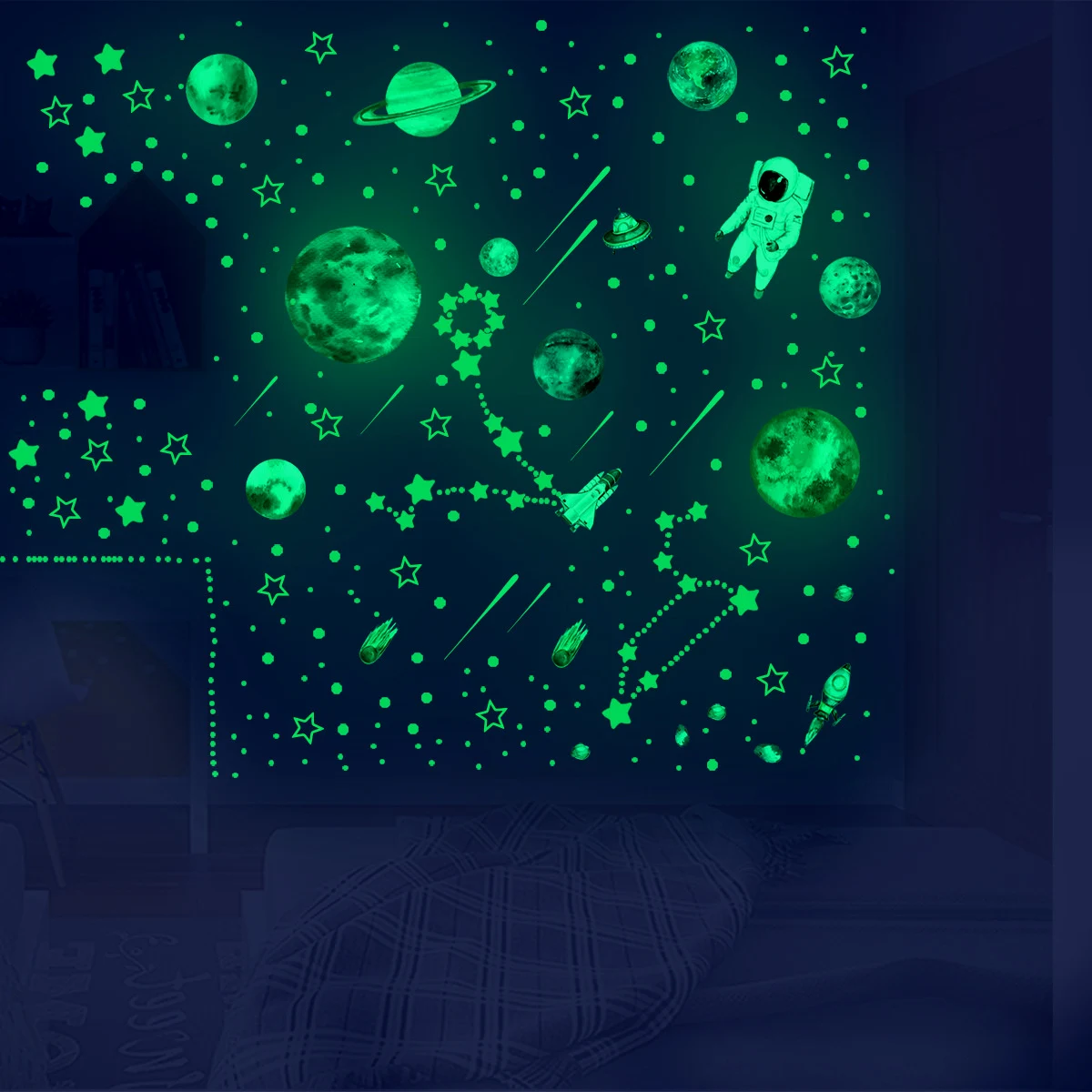 849 Stück im Dunkeln leuchtende Sterne Wandaufkleber, leuchtende Sterne für die Decke, leuchtende Planeten, Raumschiff-Wandtattoos, DIY Kinderzimmer-Deko – Detail 4