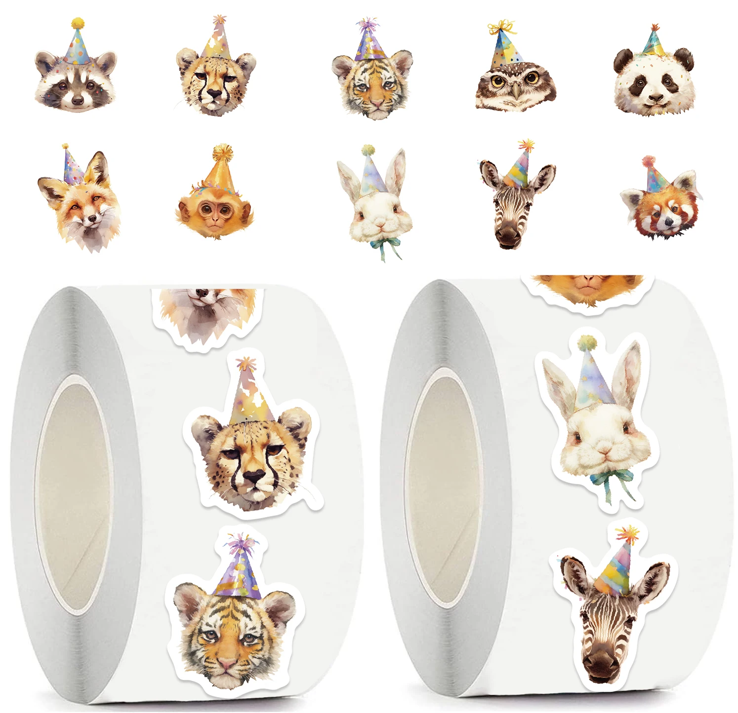 

500Pcs/roll Cartoon Cute Birthday Hat Animal Sealing Sticker DIY PVC Laptop Decals Decoration Stiker Reward Gift Toys