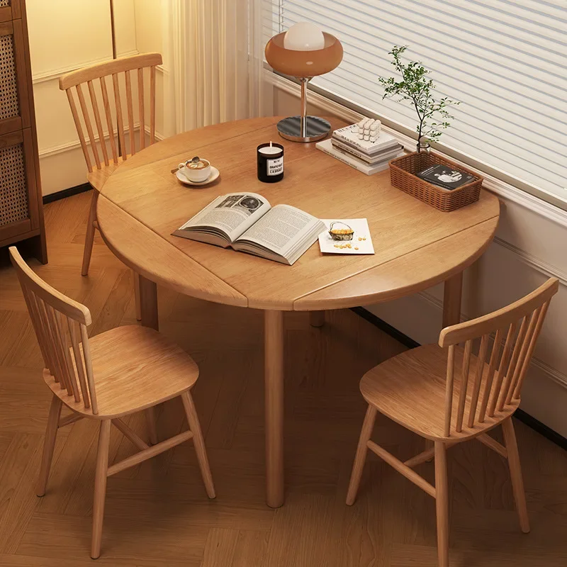 Square table becomes round table All solid wood folding dining table Round small apartment household square Multifunctional retr