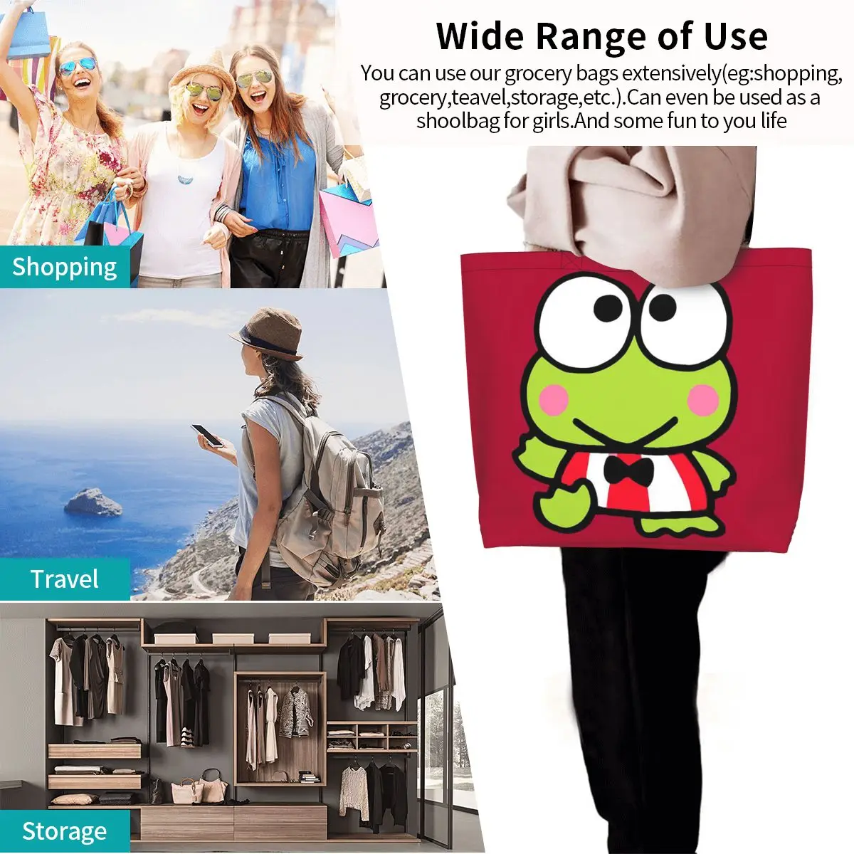 Keroppi bolso de compras Cartoo de rana de ojos grandes, bolso de hombro de lona de gran capacidad, bolso de compras para mujer