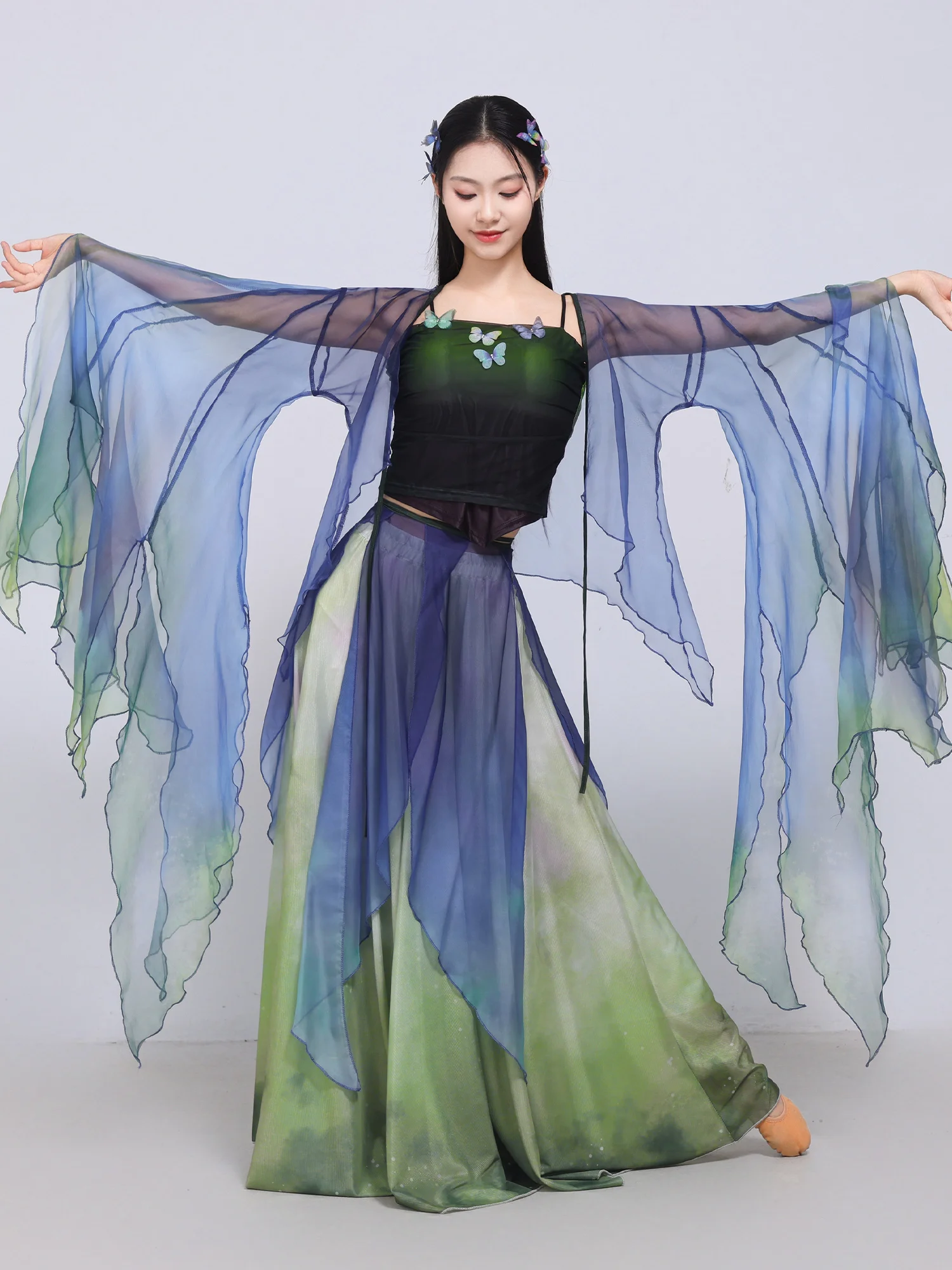 

Classical Dance Costume Women's Ethereal Gradient Silk Clothes Ragged Sleeve Skirt Dancewear Large Swinging Skirt