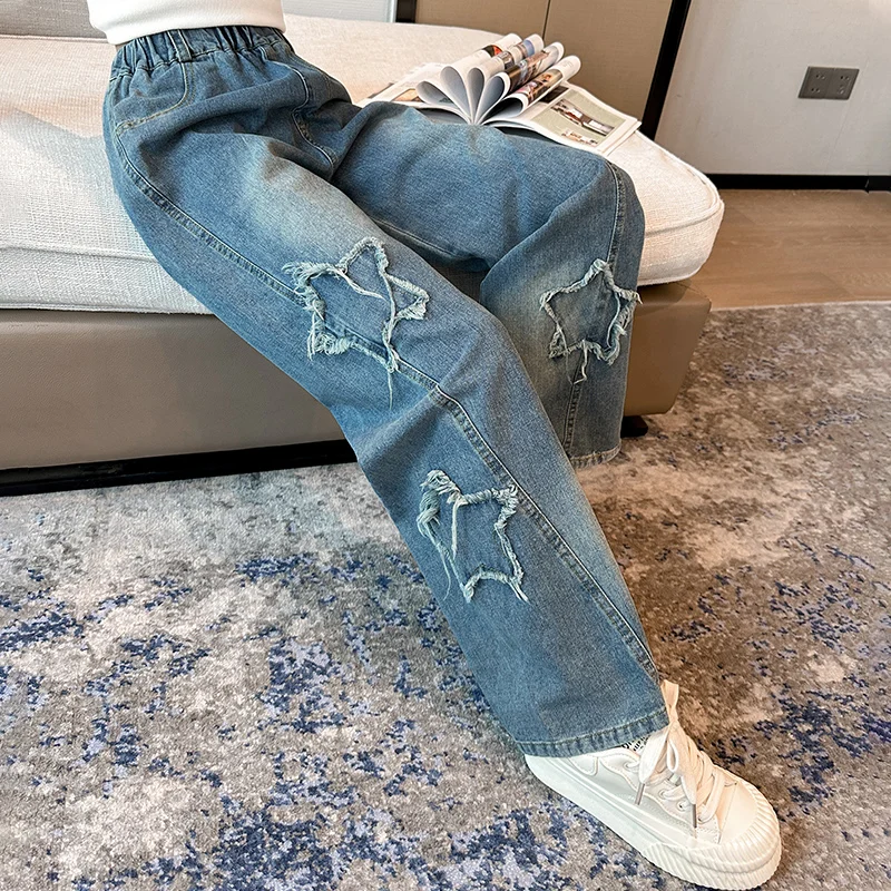 Girls Jeans Elastic Waist Star Patch Wide Leg Jeans Loose Denim Pants Spring Autumn 2026 Sweet Cute Trousers for Kids