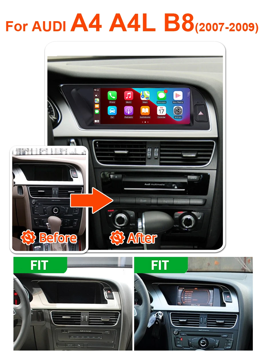 8,8'' Snapdragon 8-Kern Wireless Carplay Android 15 Auto-Radio GPS-Bildschirm für Audi A4 A4L B8 2007-2009 MMI2G Autoradio Stereo Multimedia-Player Bluetooth WIFI 4G LTE – Detail 1